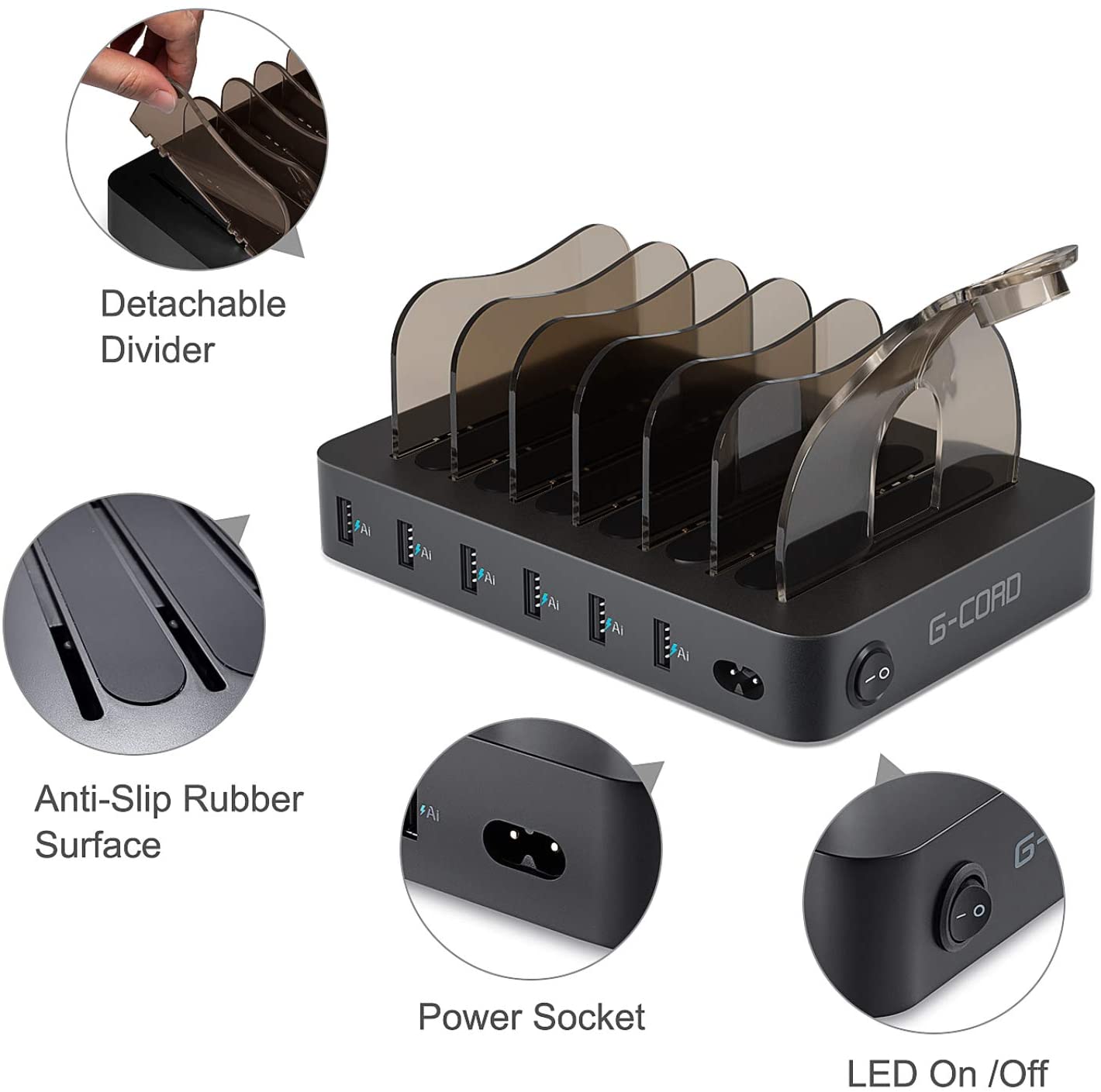 6 Port Charging Station for Multiple Devices, USB Charger Docking Station with Watch Stand and 6 Pack Mixed Cables - Each