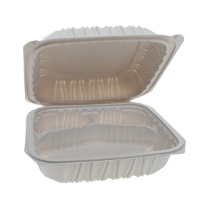 8.5" x 8.5" x 3.1"  MFPP Vented Microwavable 3-Compartment Hinged-Lid Container - White - 146/Case