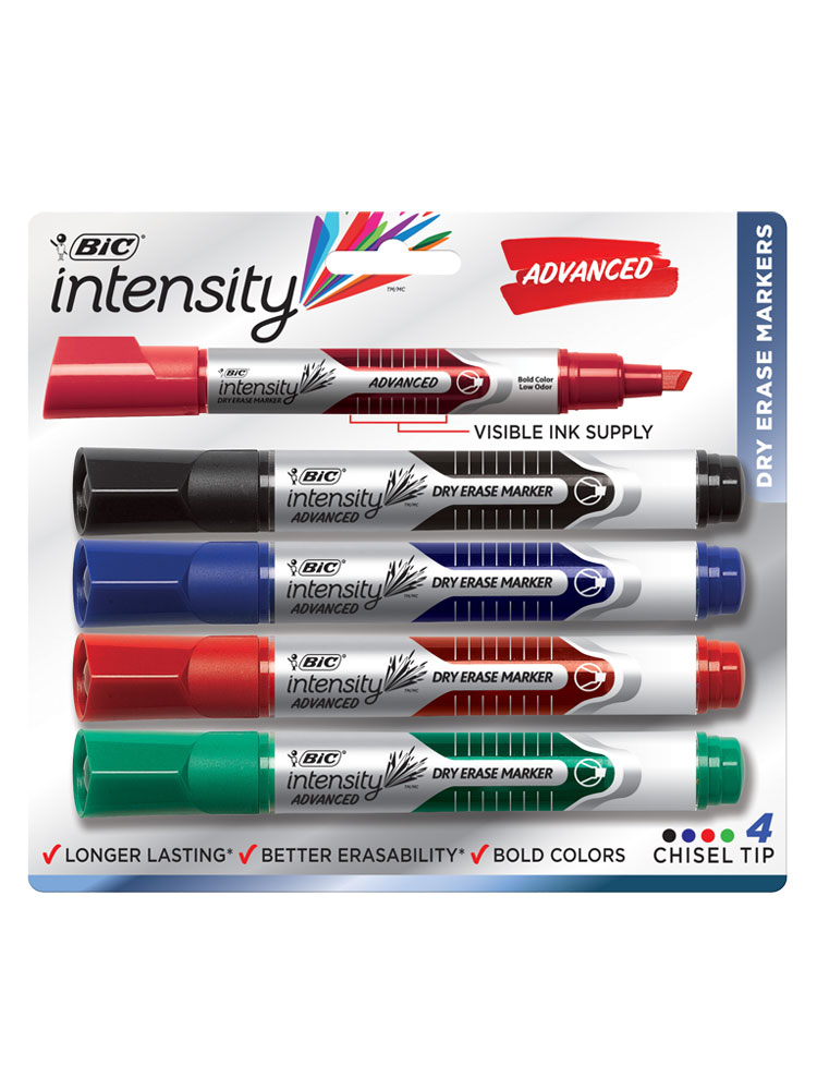 BIC Intensity Advanced Dry Eraser Marker, Chisel Tip - 4/Set
