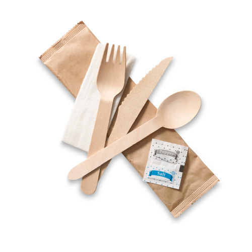 Wooden Cutlery Kit with Napkin Salt and Pepper - 500/Case