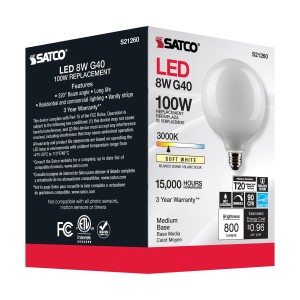 Satco 8 Watt G40 LED; White; Medium base; 90 CRI; 3000K; 120 Volt - Each