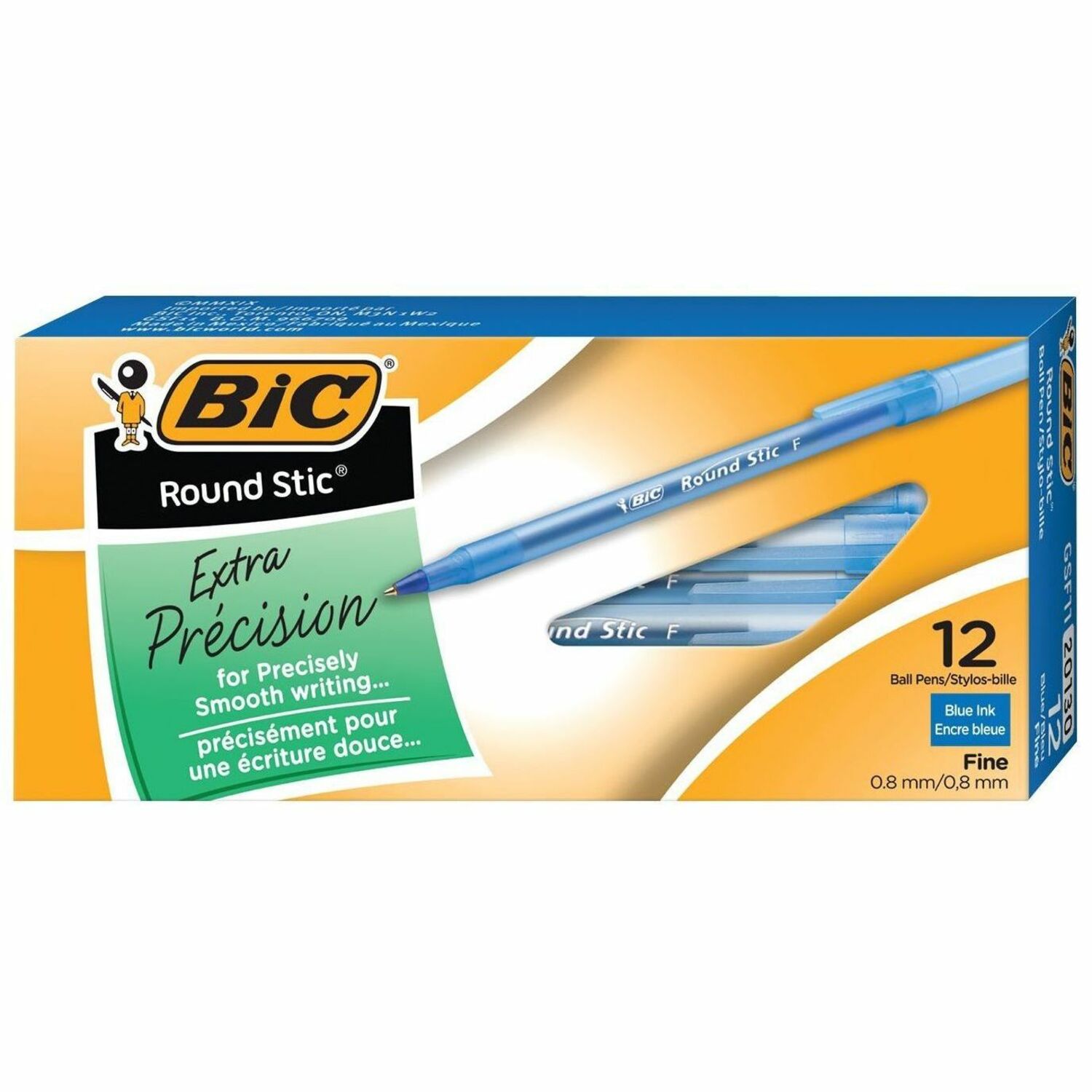 BIC Round Stic Extra Precision Ballpoint Pen, Fine Point For Ultra-Precise Lines (0.8mm), Blue - 12/Pk