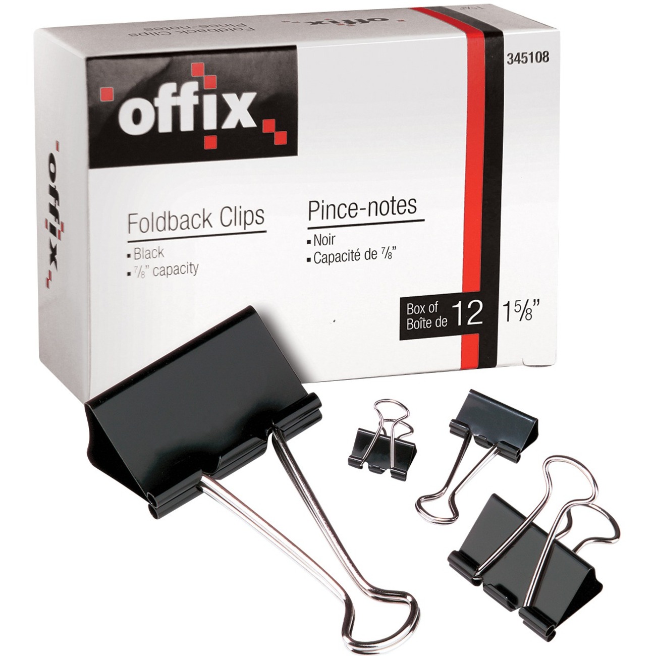Offix Foldback Clips 1" (cap. 1/2") - 0.5" Size Capacity - 12 / Box - Steel