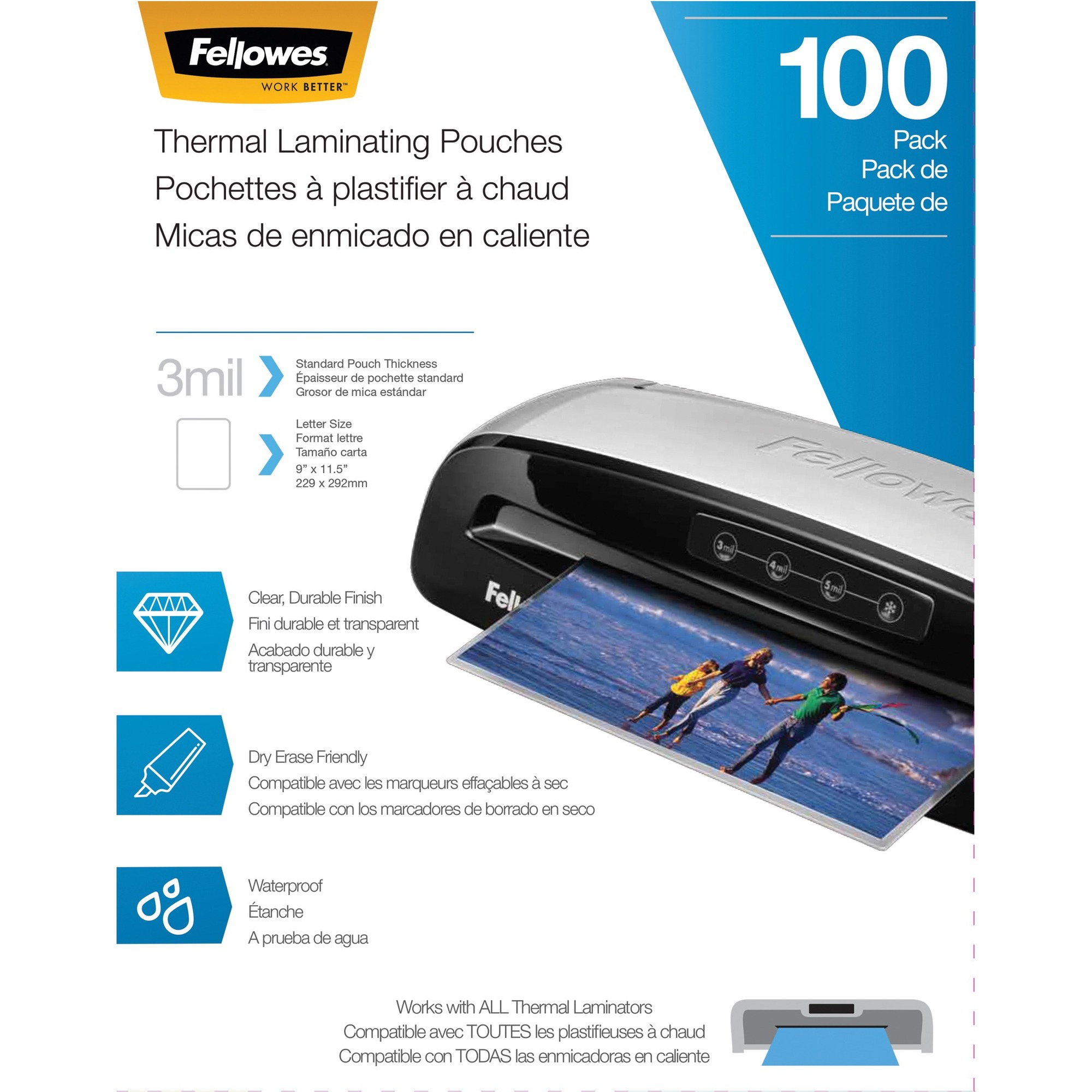 Fellowes Letter-Size Thermal Laminating Pouches - 3 mil - Laminating Pouch/Sheet Size: 9" x 11.50" - Glossy - Clear - 100/pack