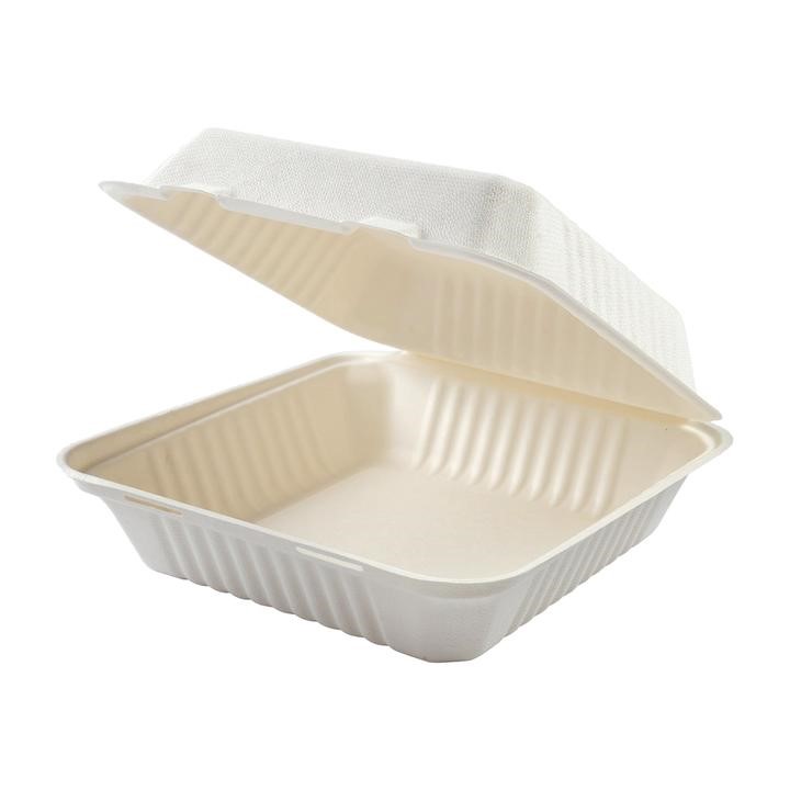 Clamshell - Single Compartment Container - Sugar Cane Compostable 9'' x 9'' x 3-3/16'' - Large - 200/Case