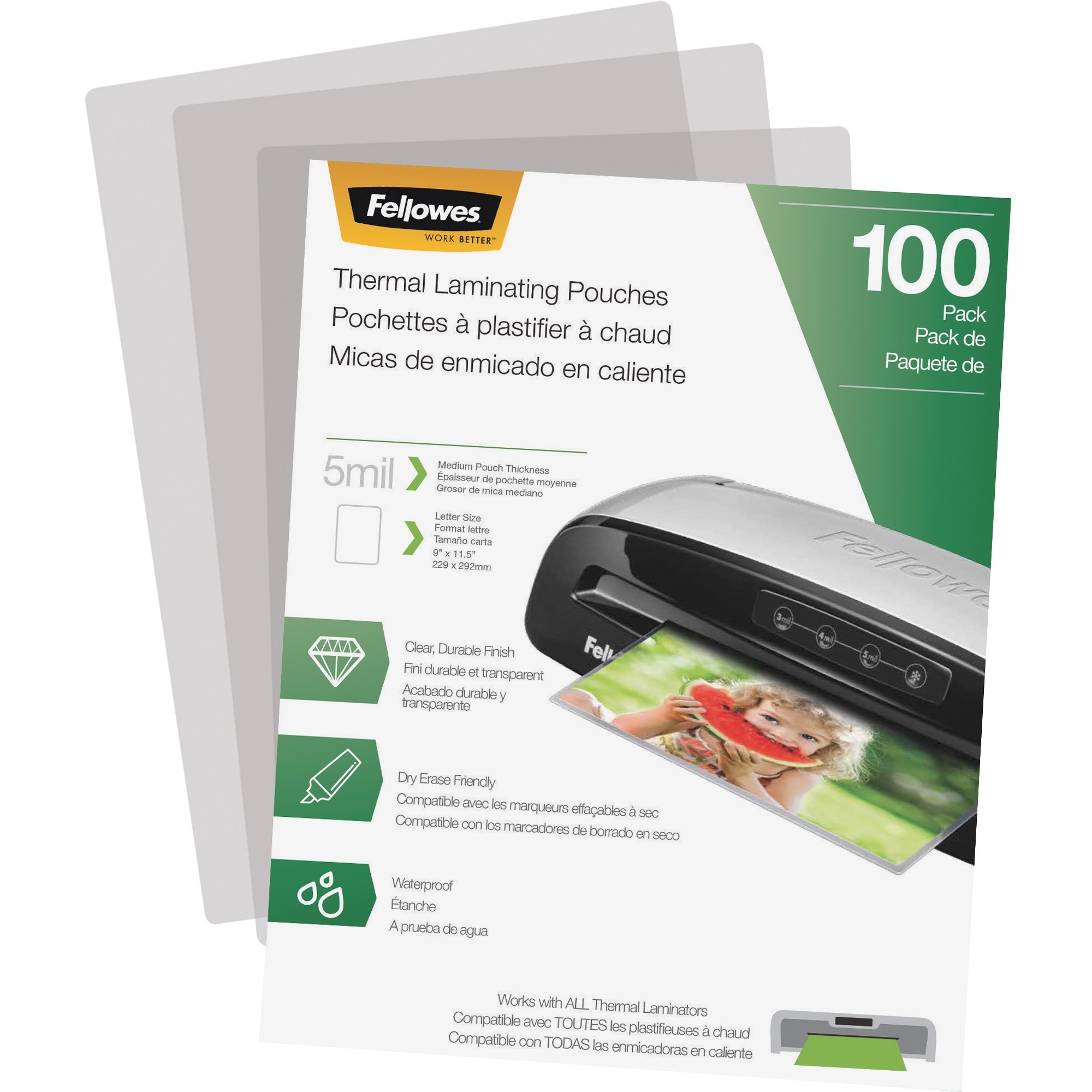 Fellowes Letter-Size Thermal Laminating Pouches - 5 mil - Laminating Pouch/Sheet Size: 9" x 11.50" - Glossy - Clear - 100/pack