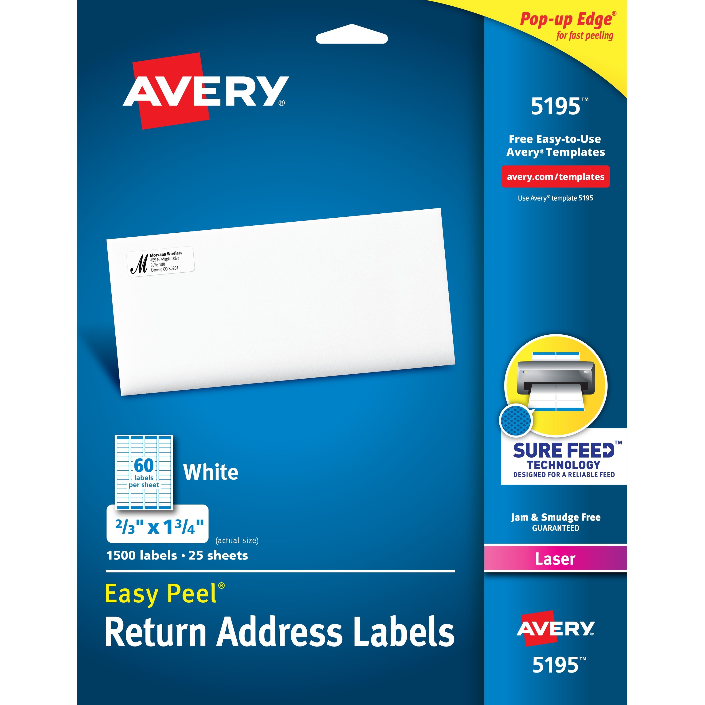 Avery® Easy Peel(R) Return Address Labels, Sure Feed(TM) Technology, Permanent Adhesive, 2/3" x 1-3/4" - 60 / Sheet - 25 Total Sheets  - 1500 labels / Box