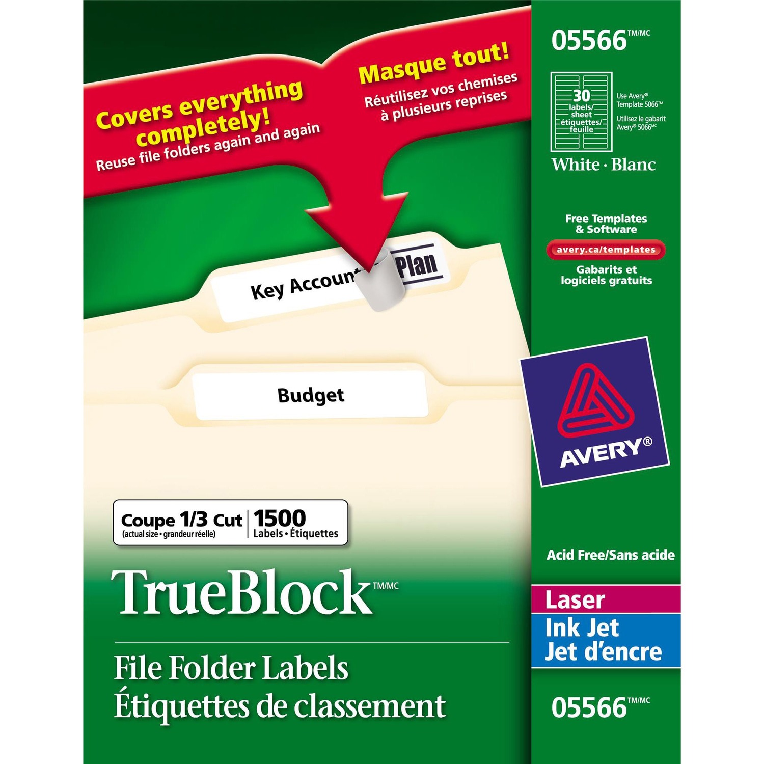 Avery® True Block File Folder Labels Removable Adhesive 0.66'' x 3.43'' - 1500/Box