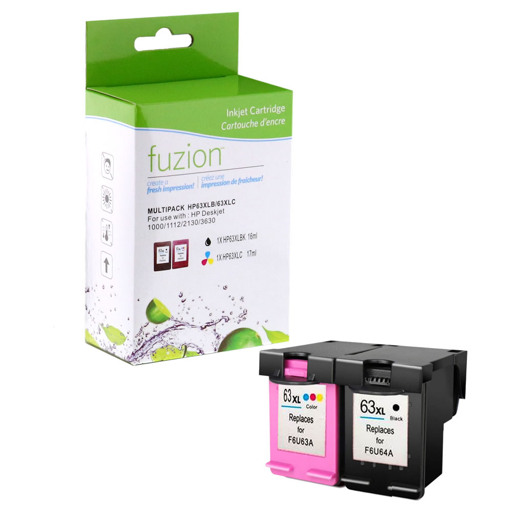 Fuzion New Compatible Tri-Color and Black Ink Cartridge Combo for HP 63XL (F6U63AN, F6U64AN)