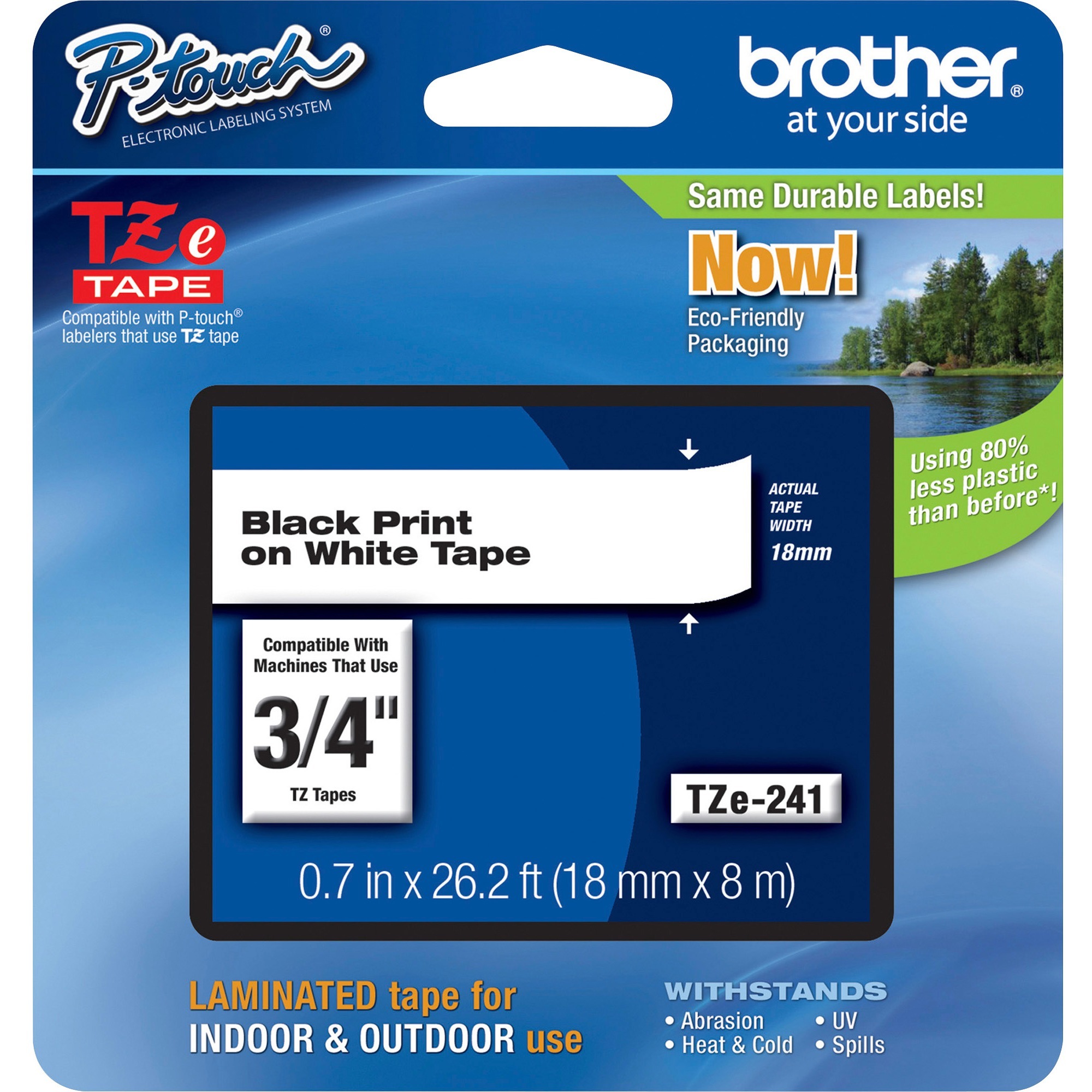 Brother Genuine TZe241 Black on White Laminated Tape for P-touch Label Makers, 18 mm wide x 8 m long - 1 Each
