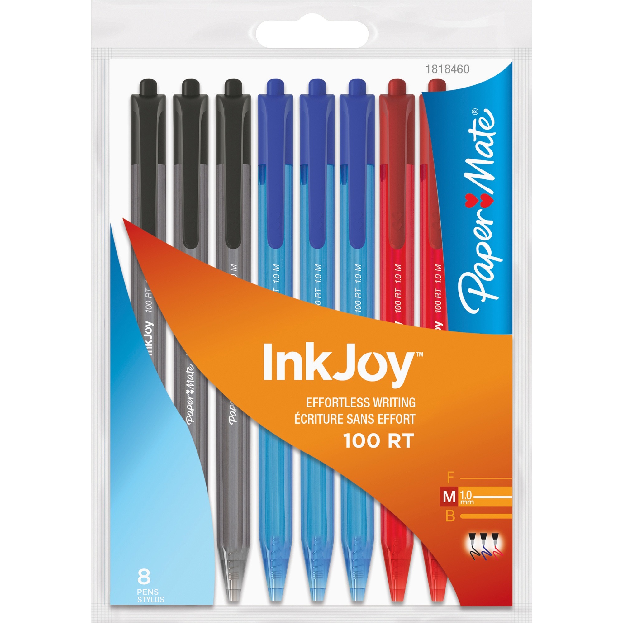 Paper Mate InkJoy 100 RT Pen - Medium Pen Point Type - Assorted Ink - Transparent Barrel - 8 / Pack