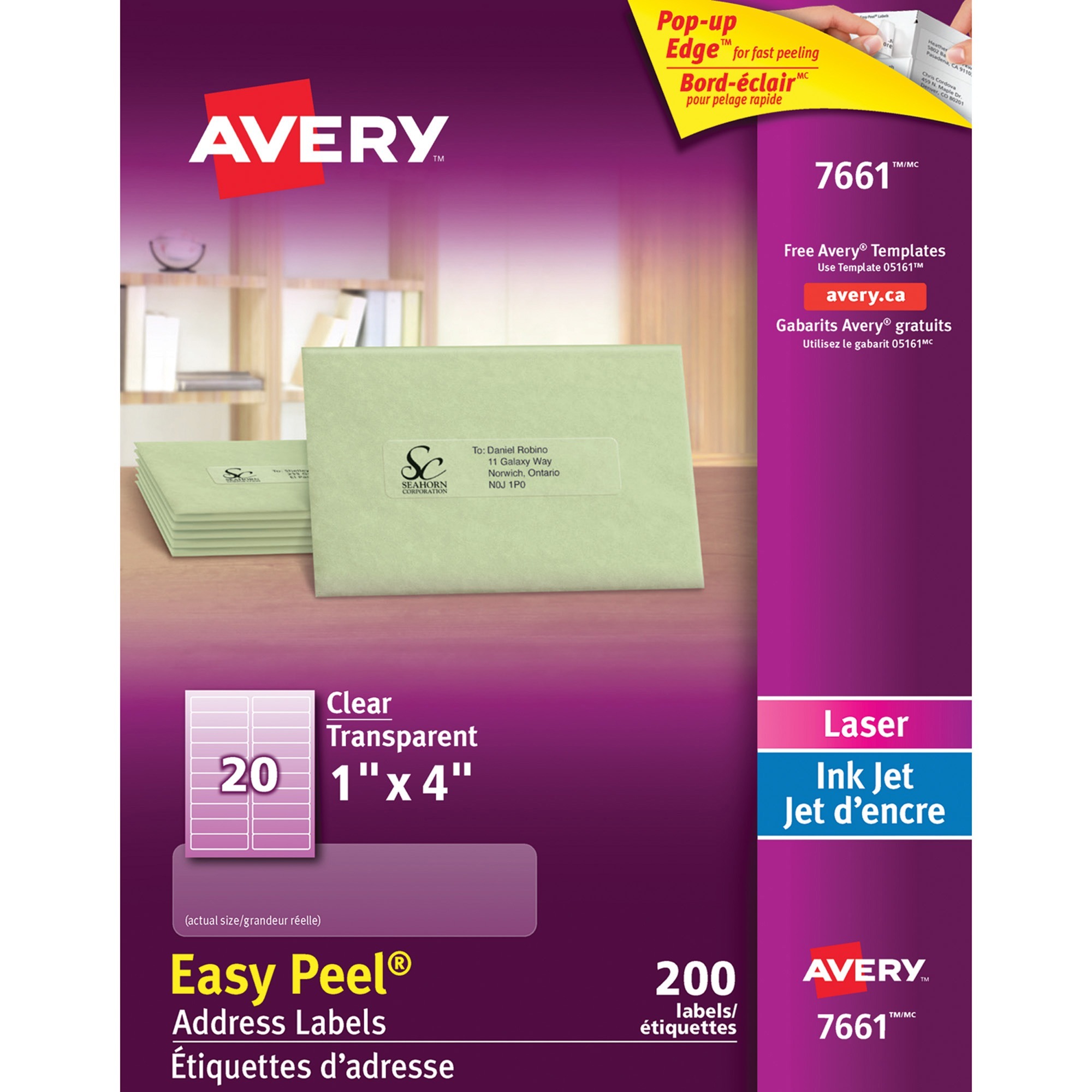 Avery 1''x4'' Easy Peel Address Labels  - 20 / Sheet - Rectangle - Laser, Inkjet - Clear - 200 / Pack