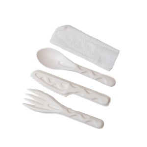 5.5” Compostable Individually Wrapped Sugarcane Fibre Fork + Knife + Spoon - 500/Case