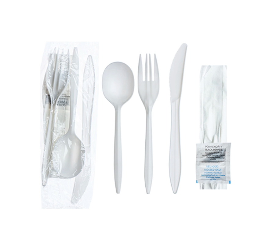 6 pcs White Meal Kit (Knives, Spoon, Fork, Salt, Pepper, and Jr. Napkin) Takeout Cutlery Set - 250/case