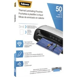 Fellowes Letter-Size Thermal Laminating Pouches - 3 mil - Laminating Pouch/Sheet Size: 9" x 11.50" - Glossy - Clear - 50/pack