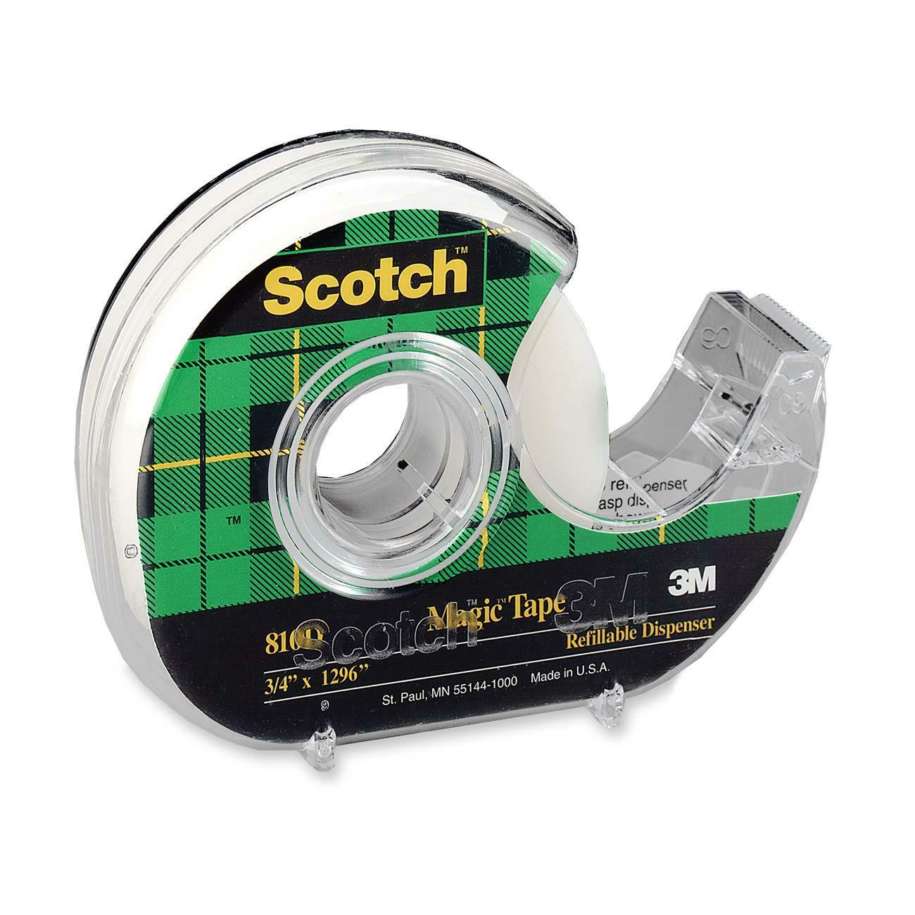 3M Scotch Magic Transparent Tape with Dispenser - 36 yd (32.9 m) Length x 0.75'' (19 mm) Width - 1'' Core  - Plastic - Photo-safe, Non-yellowing, Writable Surface, Repositionable - 1 Each - C