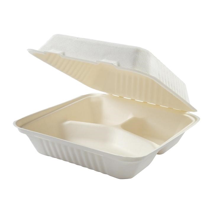 Clamshell - 3 Compartment Container - Sugar Cane Compostable 8'' x 8'' x 3'' - Large  - 200/Case