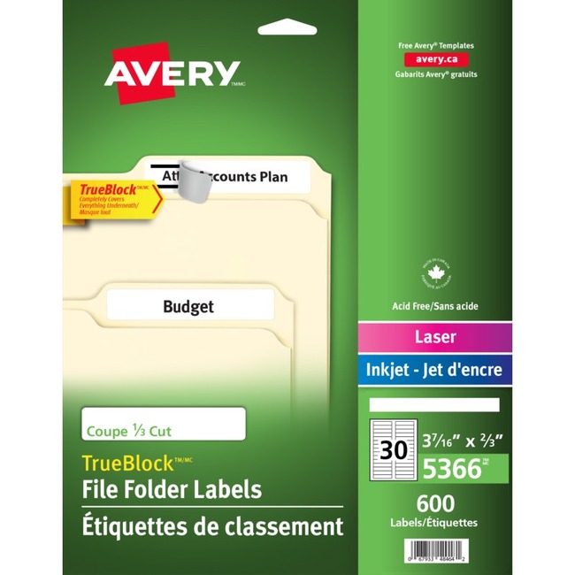 Avery® TrueBlock(R) File Folder Labels, Sure Feed(TM) Technology, Permanent Adhesive -600/Pack