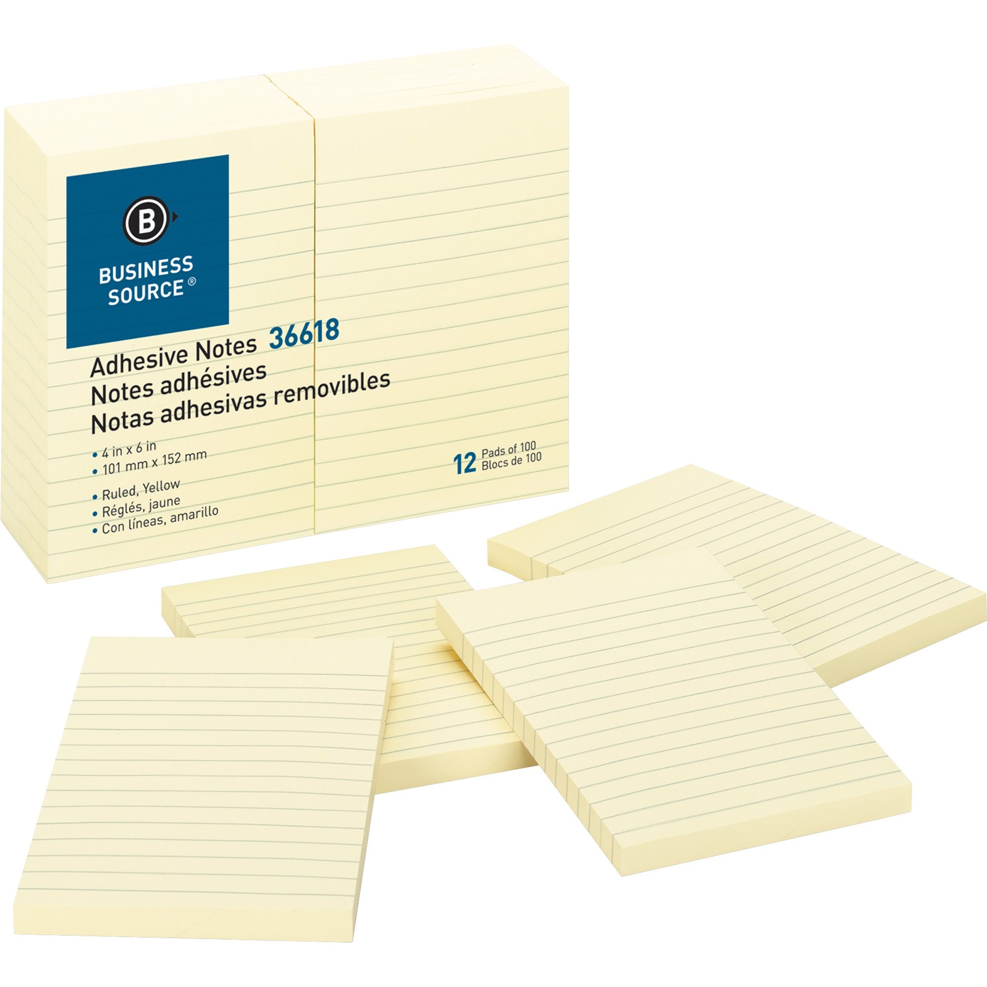 Business Source Yellow Adhesive Notes 4'' X 6'' Rectangle Ruled - 12/Pack