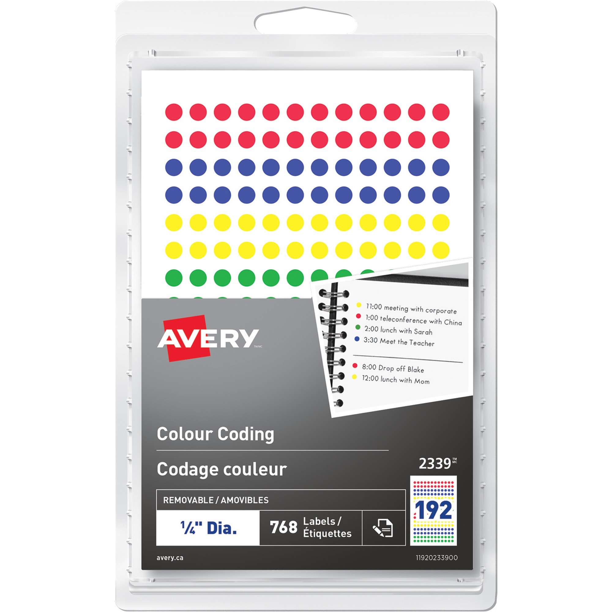 Avery Print or Write Removable Colour-Coding Labels, 1/4'' Round, Assorted, (2339) - 768/Pack