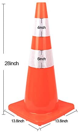 28'' Traffic Cones PVC Safety Road Parking Cones Fluorescent Orange Reflective Strips Collar 4'' and 6'' - 10/pack