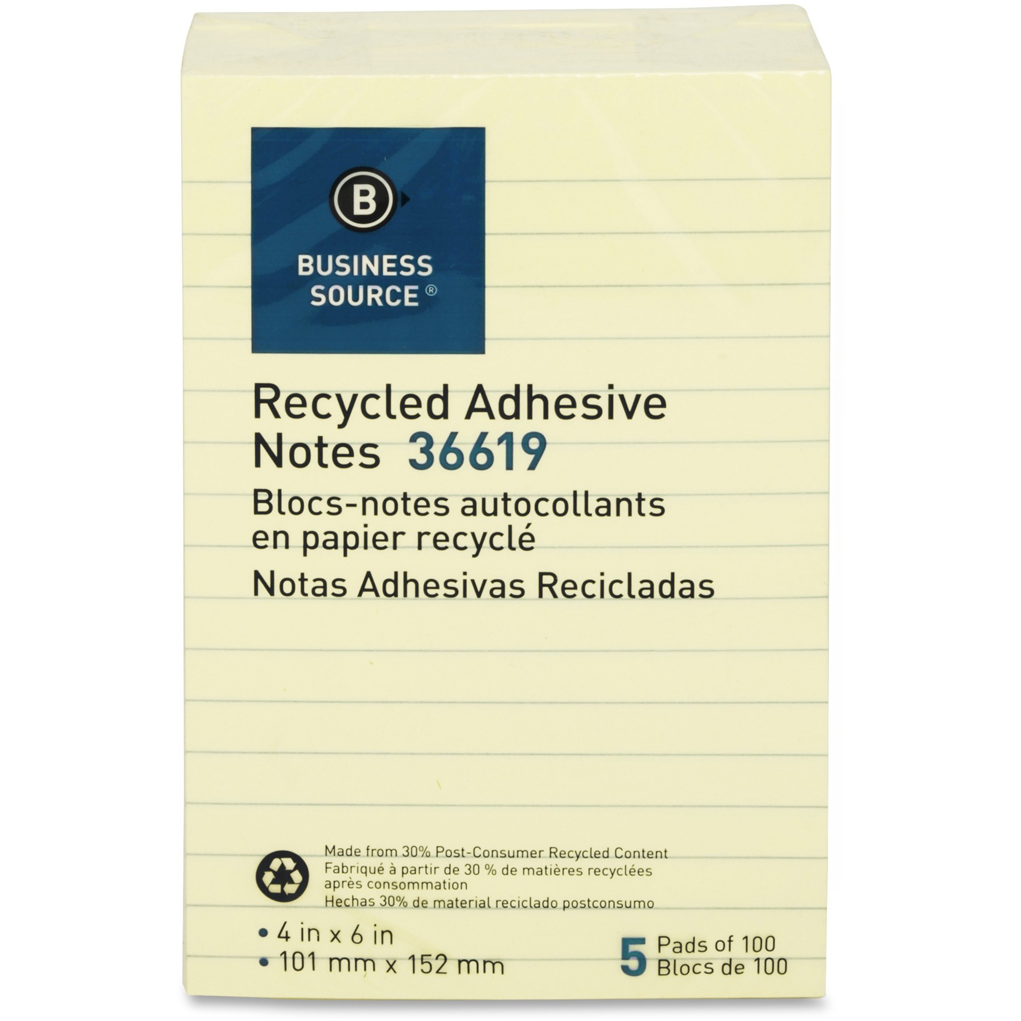 Business Source Yellow Adhesive Notes 4'' X 6'' Rectangle Ruled - 5/Pack
