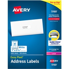 Avery® TrueBlock(R) Shipping Labels, Sure Feed(TM) Technology, Permanent Adhesive, 1" Width x 2 5/8" Length - 3000 / Box