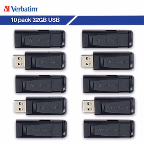 USB 32GB 2.0 Type A - Black Flash Drive - 10/Pack
