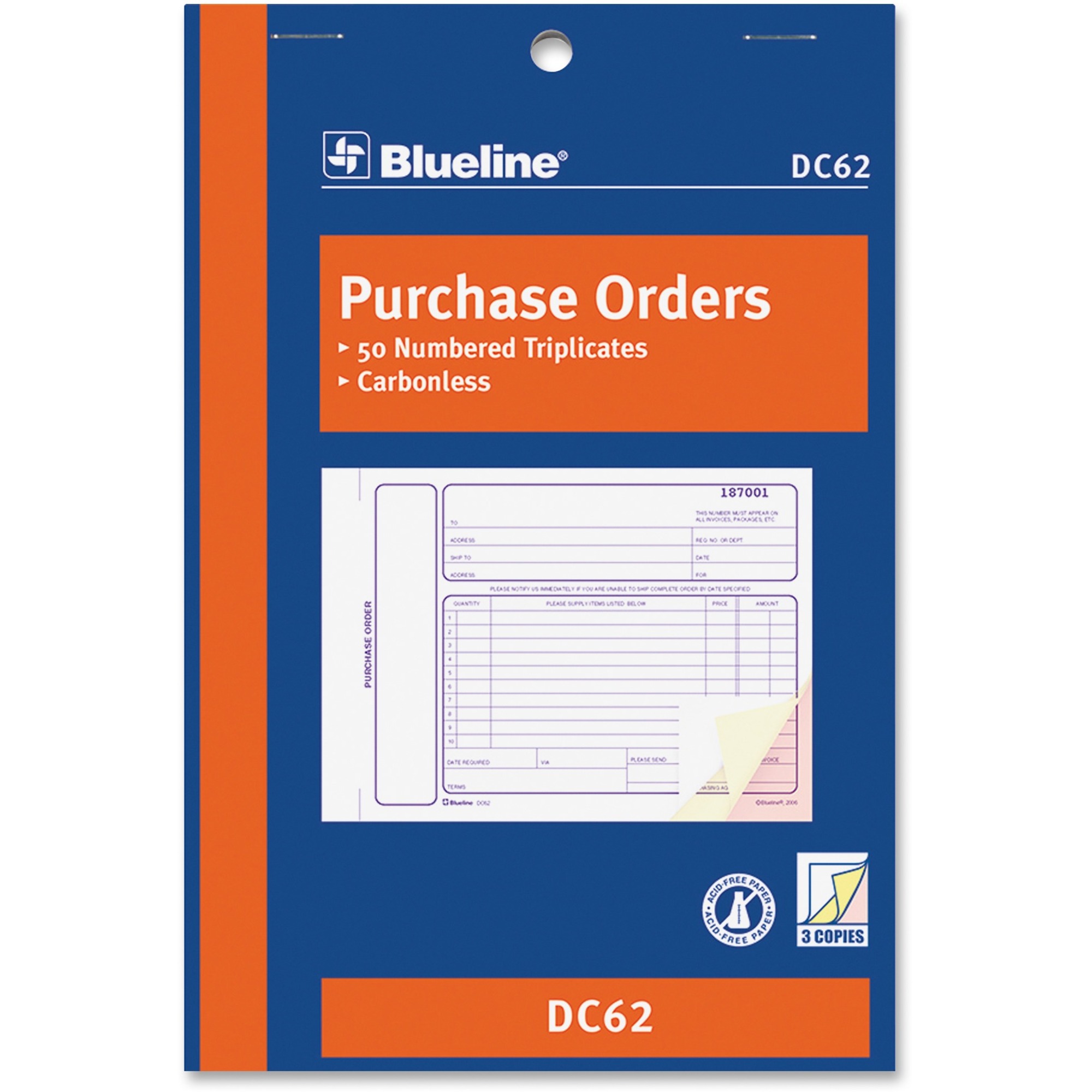 Blueline Purchase Order Form Book - 8 1/2'' x 11'' - 50 Sheet(s) - 3 Part Carbonless Copy - 1 Each