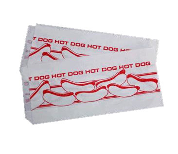 Hot Dog Sleeve 7.5 x 3.5 x1.5" greaseproof paper with stock print - 1000/case