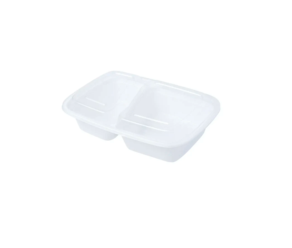 32oz 2-Compartment Rectangular Microwavable Container with Lid - 150 sets/case