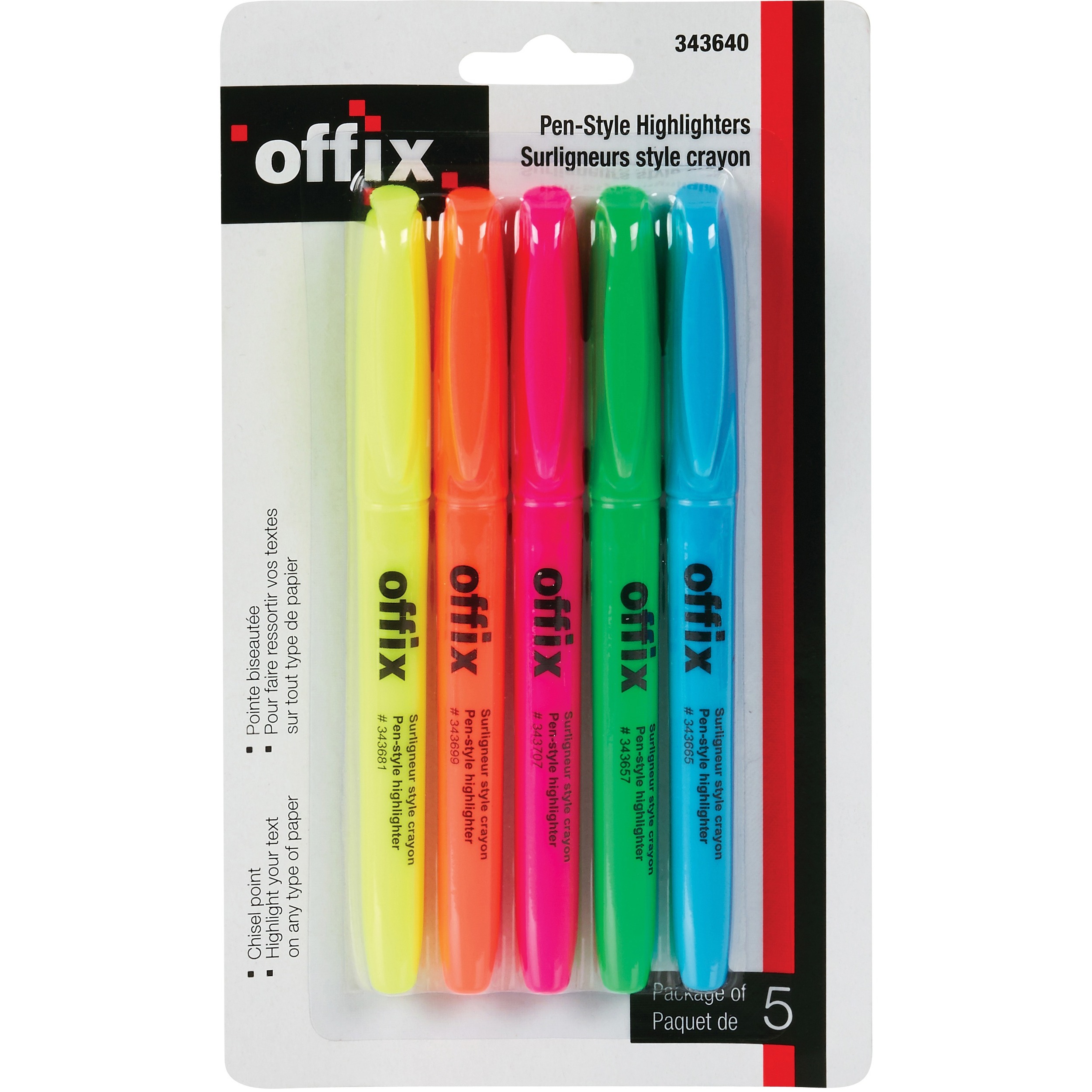 Offix Highlighter Set - Pen Style Style - Assorted - 5/Pack