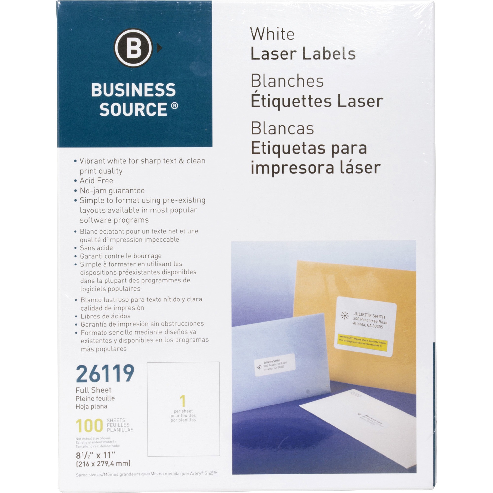 Business Source Bright White Premium-quality Full-sheet Address Labels - 100/pack