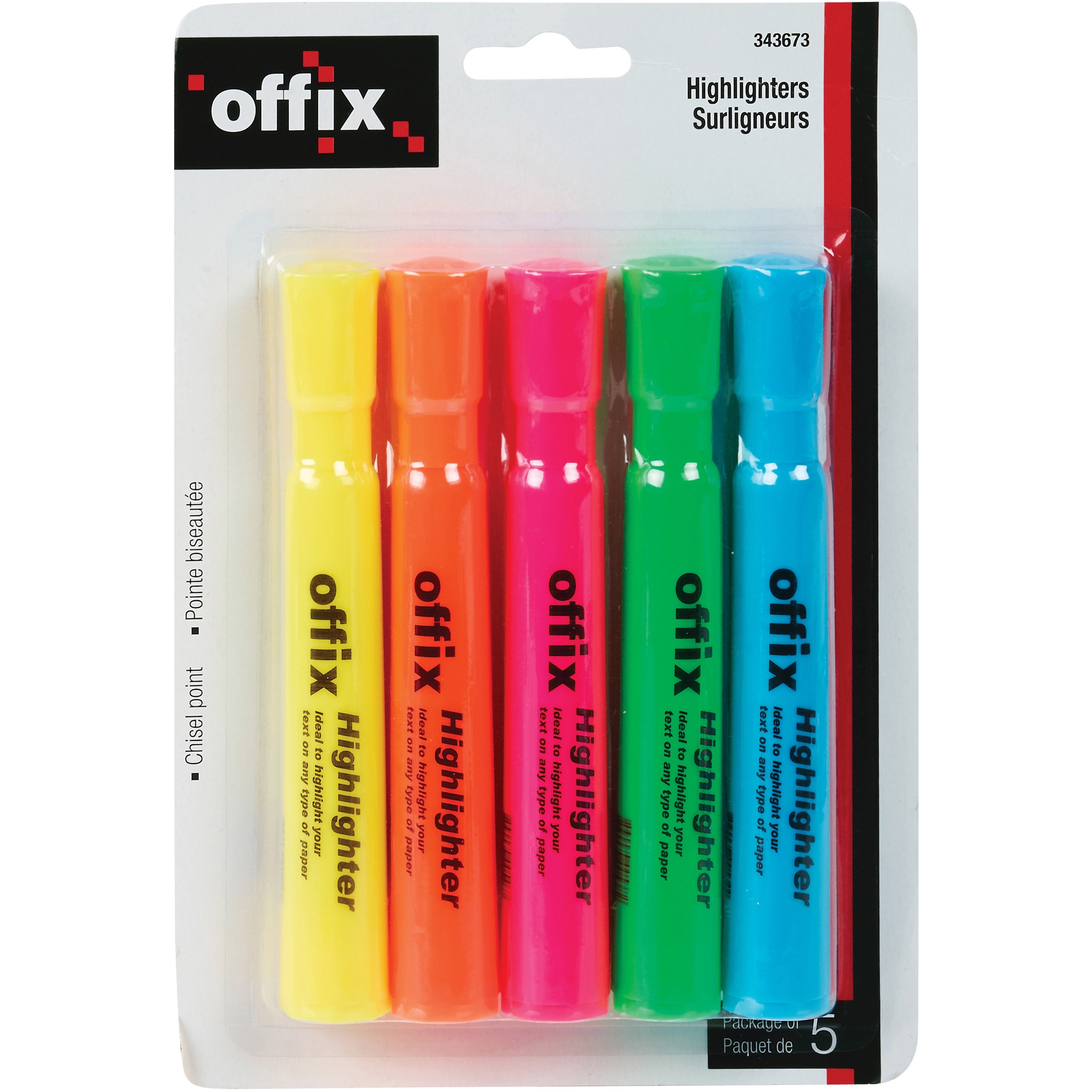 Offix Highlighter Set - Chisel Marker Point Style - Assorted - 5/Pack