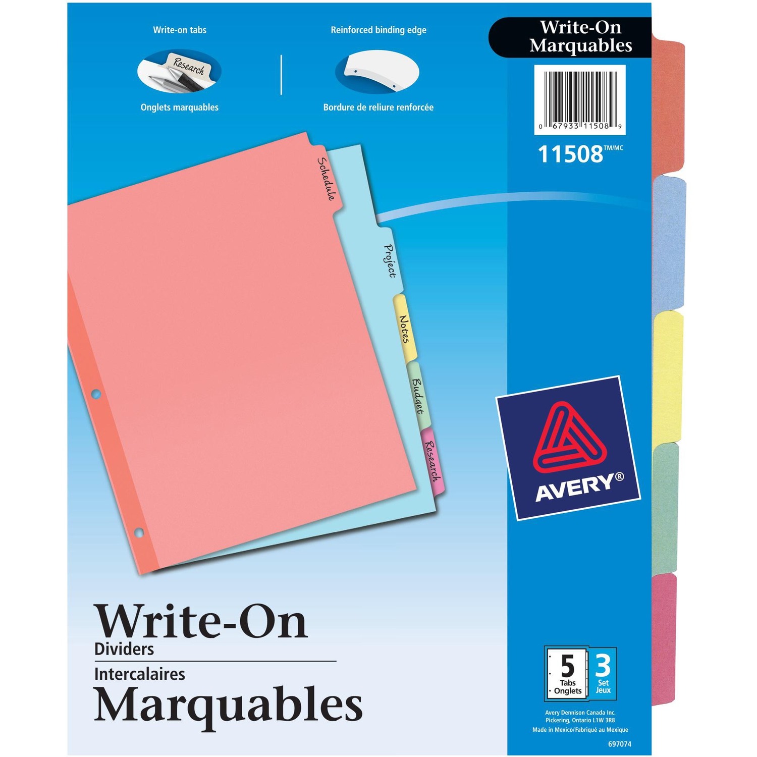 Avery® Plain Tab Write & Erase Dividers, 5 Tabs, Multicolor, (11508) - Each