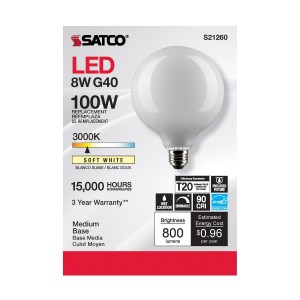 Satco 8 Watt G40 LED; White; Medium base; 90 CRI; 3000K; 120 Volt - Each