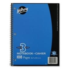 Hilroy Coil Three Subject Book - 108 Sheets - Printed - Wire Bound - 8'' (203.2 mm) x 10.5'' (266.7 mm) - 1 / Each