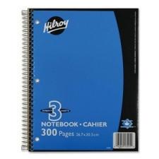 Hilroy Executive Coil Three Subject Notebook - 300 Sheets - Printed - Coilock 8'' (203.2 mm) x 10.5'' (266.7 mm) - Assorted Cover - 1 / Each