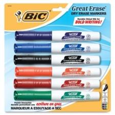 BIC Great Erase Whiteboard Marker - Chisel Marker Point Style - Green, Black, Blue, Red Ink - 6 / Pack