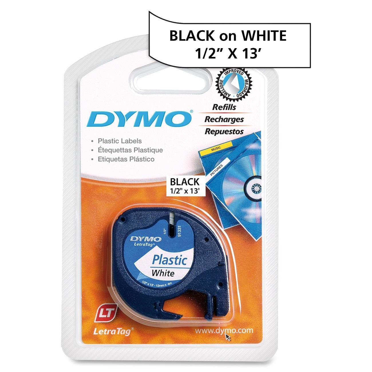 DYMO® Dymo LetraTag Label Tape, 12mm (1/2'') Black on White Plastic