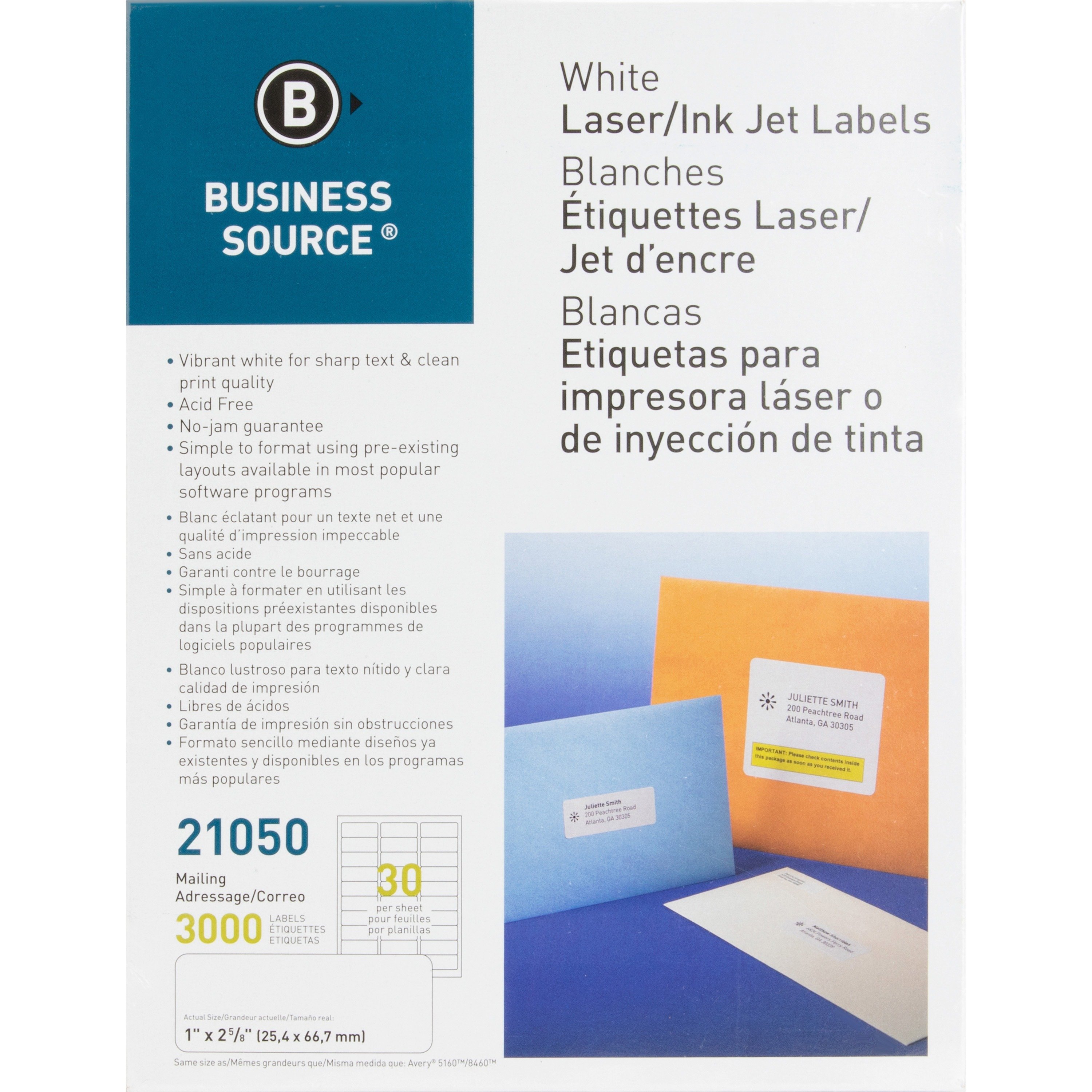 Business Source Bright White 1'' x 2  5/8'' Address Labels - 3000/Pack