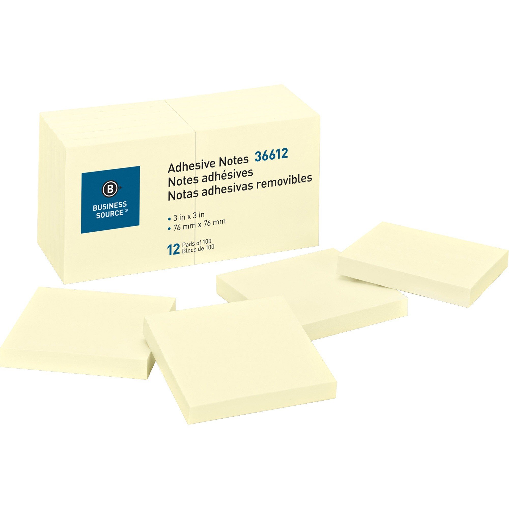Business Source Yellow Adhesive Notes 3'' x 3'' - 12/pack