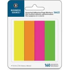 Business Source Page Marker Pad - 40 x Bright Yellow, 40 x Bright Green, 40 x Bright Pink, 40 x Bright Purple - 0.75'' x 2'' - Assorted - Removable, Repositionable, Self-adhesive - 4 / Pack
