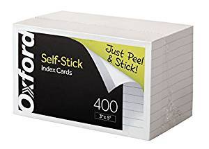Oxford Self-Stick Index Cards, 3" x 5", Ruled, White, 400/Pack